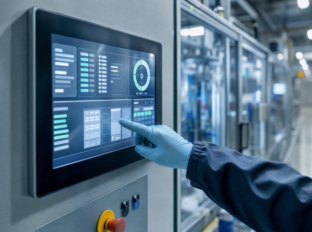 Operator using an industrial HMI touchscreen