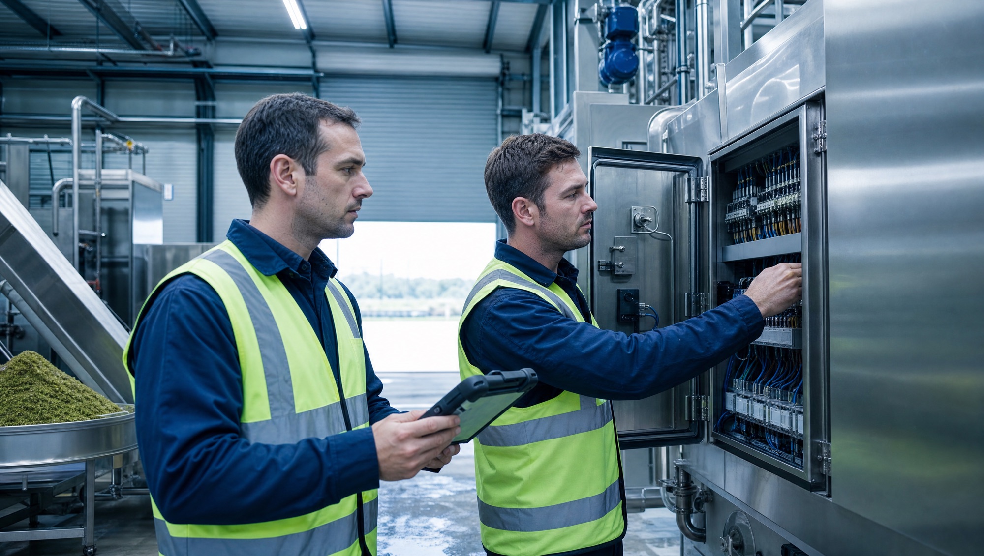 Engineers inspecting an industrial control cabinet on site